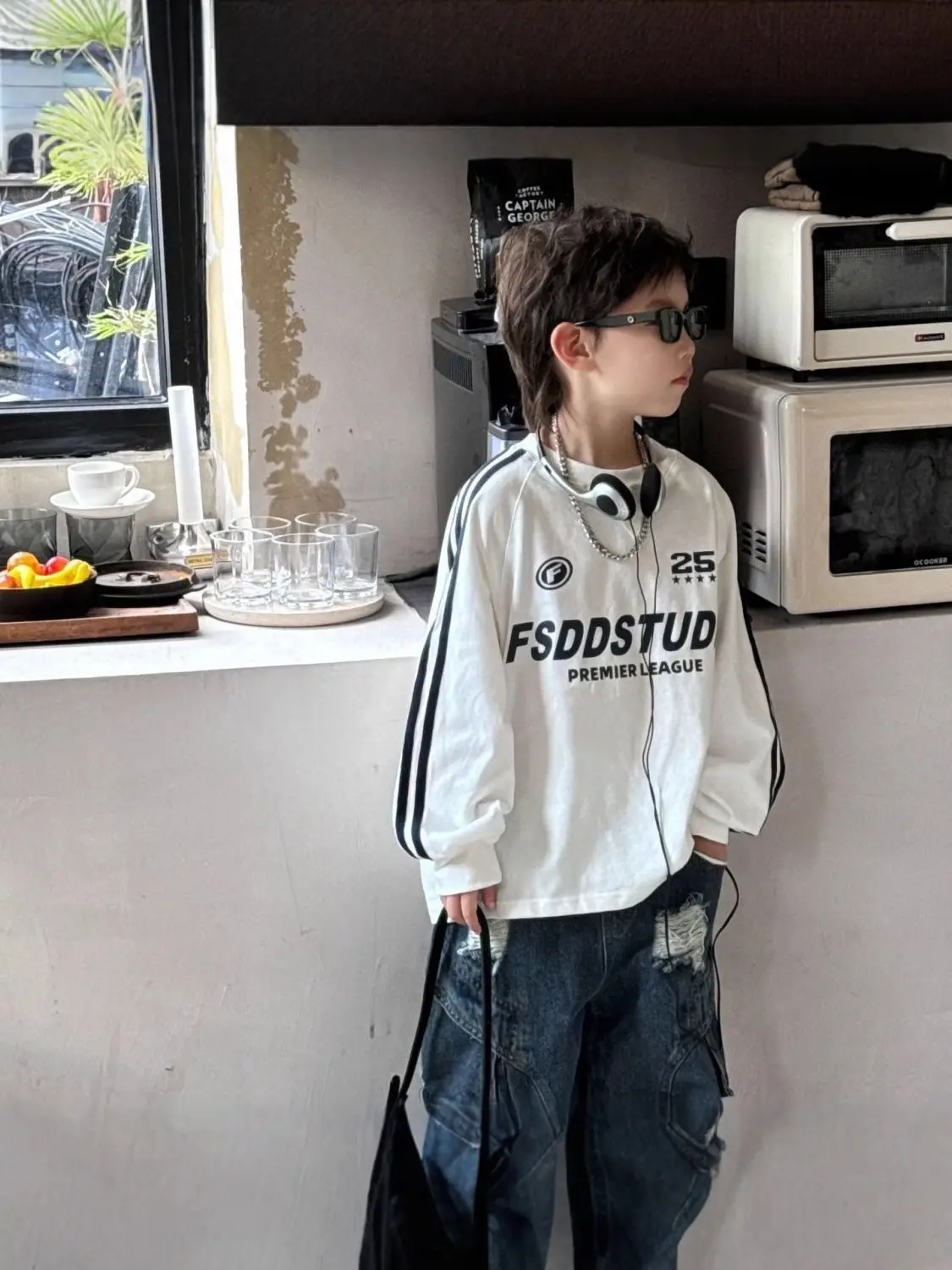 Kids Pure Cotton Round Neck Long Sleeve T-Shirt Black Medium - Image 7