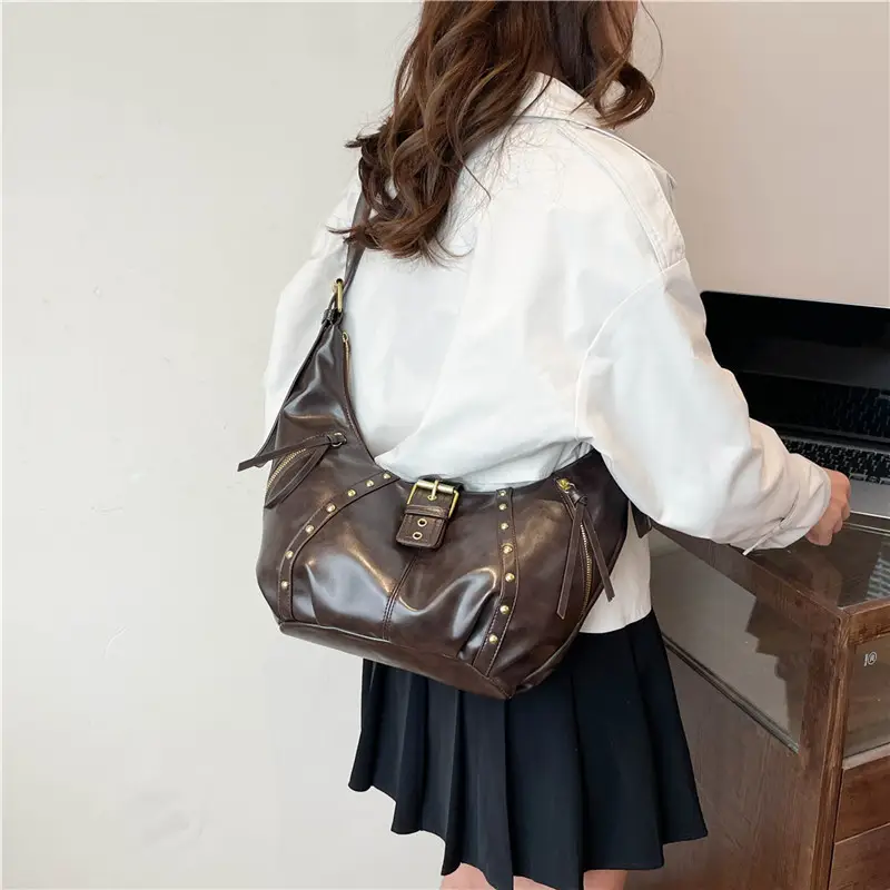 Retro Studded Motorcycle Bag for Women Large Capacity Crossbody - Image 5