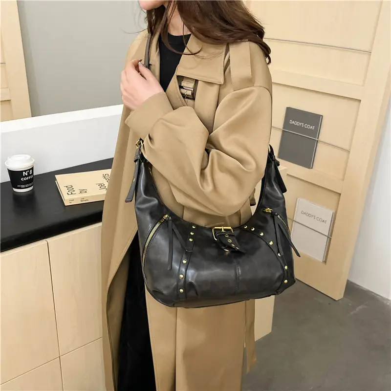 Retro Studded Motorcycle Bag for Women Large Capacity Crossbody - Image 6