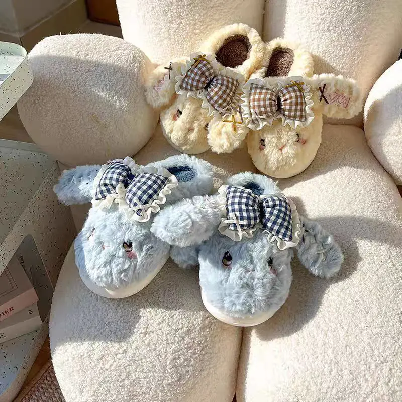 Women's New Bowknot Bunny Slippers Warm Plush Winter Indoor
