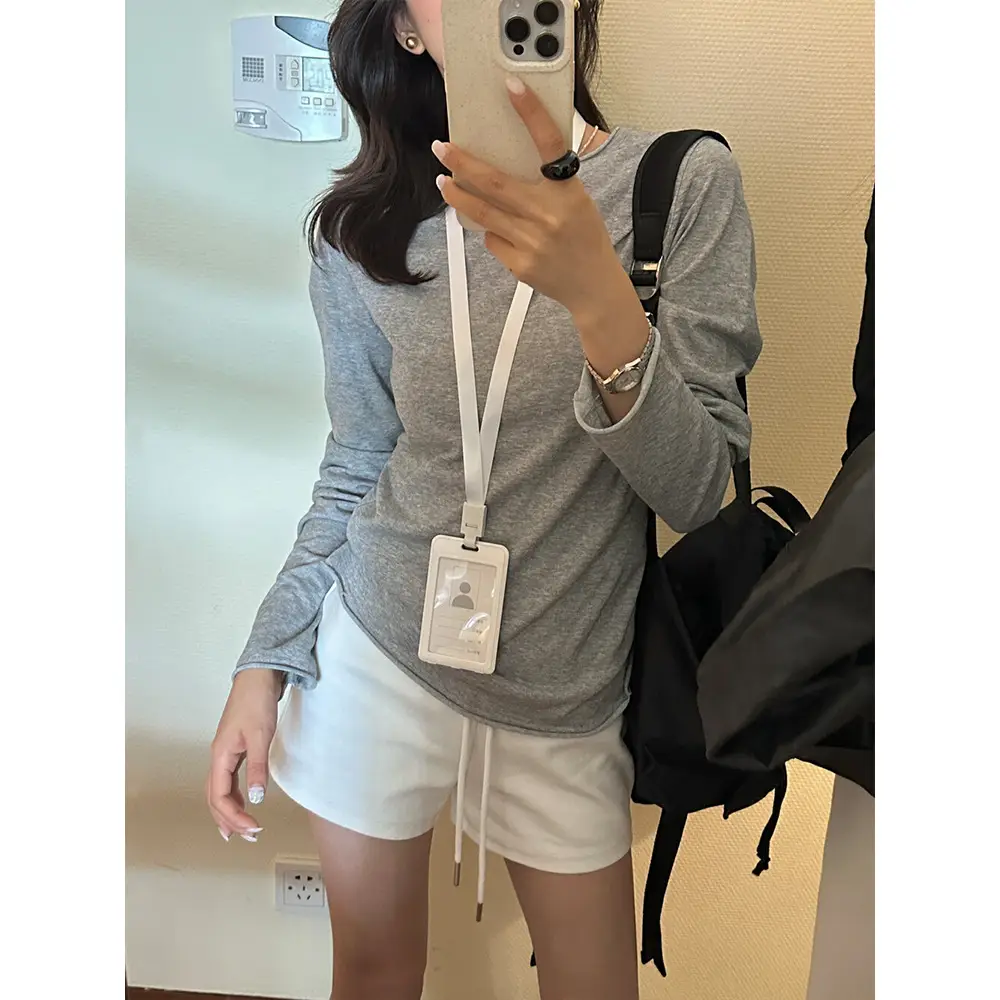 Korean Style Round Neck Rolled Edge Long-Sleeved T-Shirt for Women in Spring and Summer Slimming Look Inner Sun Protection Blouse Thin Bottoming Top