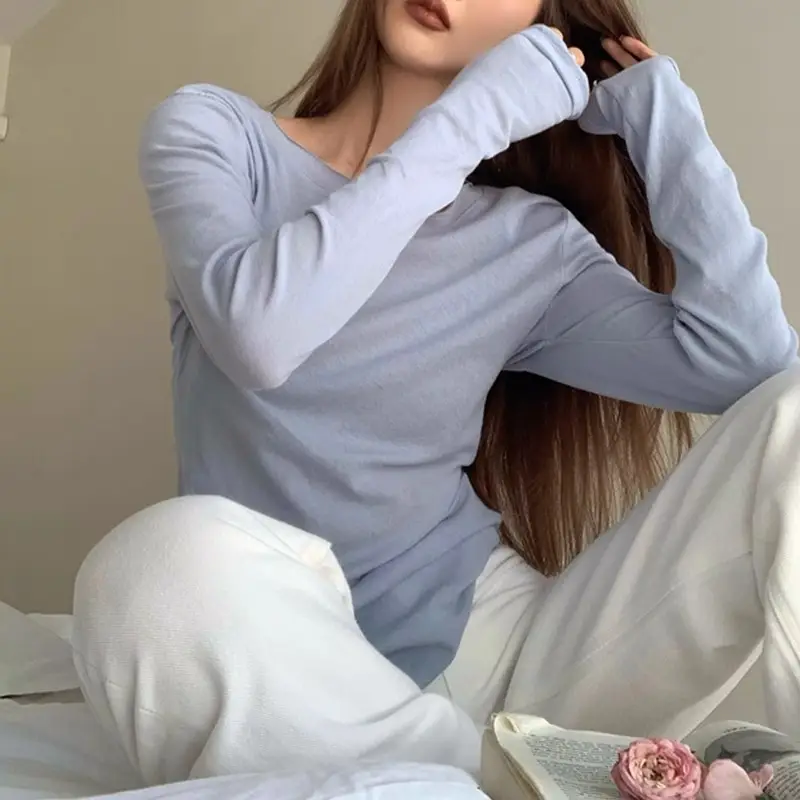 Korean Style Round Neck Rolled Edge Long-Sleeved T-Shirt for Women in Spring and Summer Slimming Look Inner Sun Protection Blouse Thin Bottoming Top