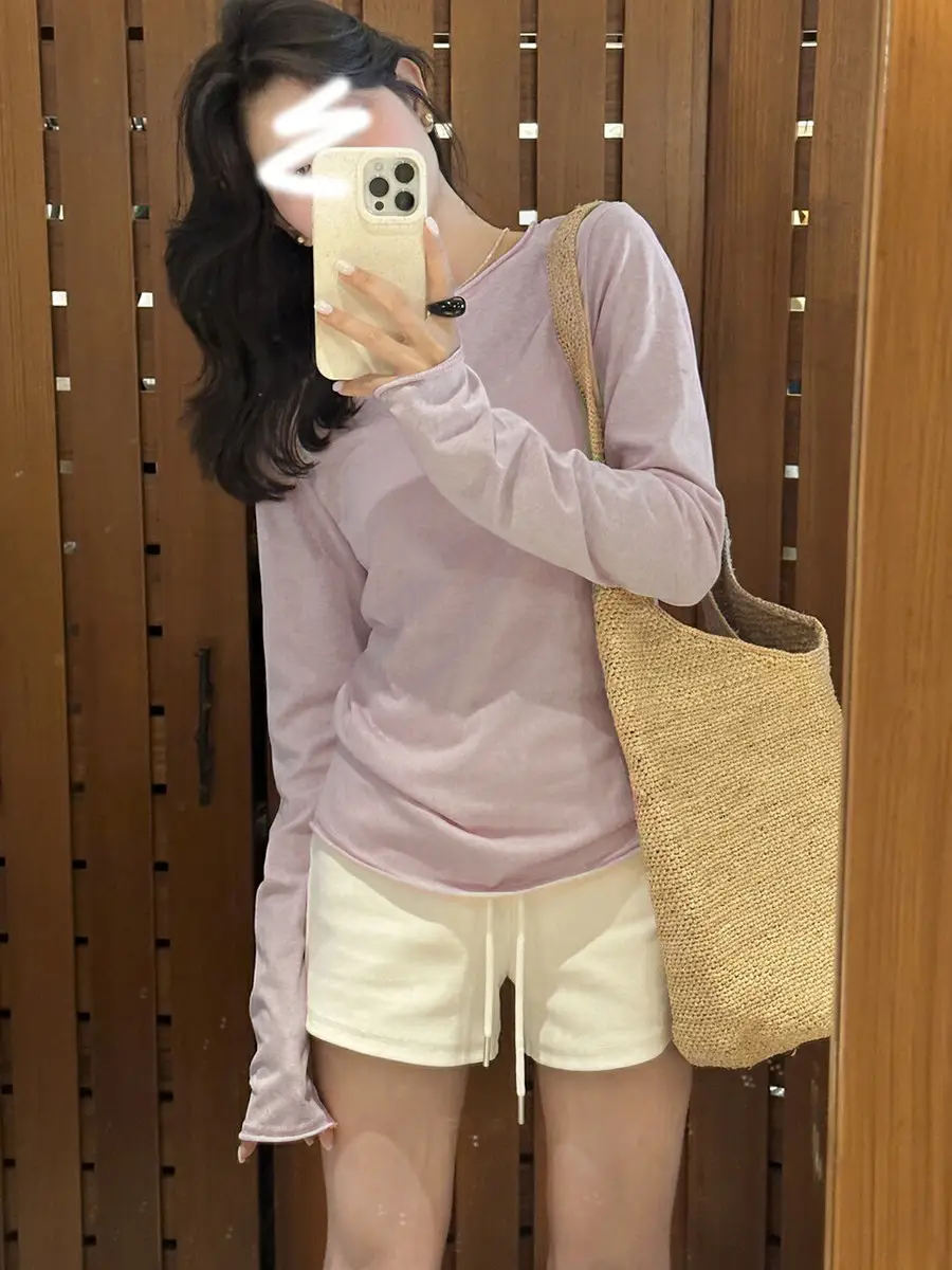 Korean Style Round Neck Rolled Edge Long-Sleeved T-Shirt for Women in Spring and Summer Slimming Look Inner Sun Protection Blouse Thin Bottoming Top — feature 1