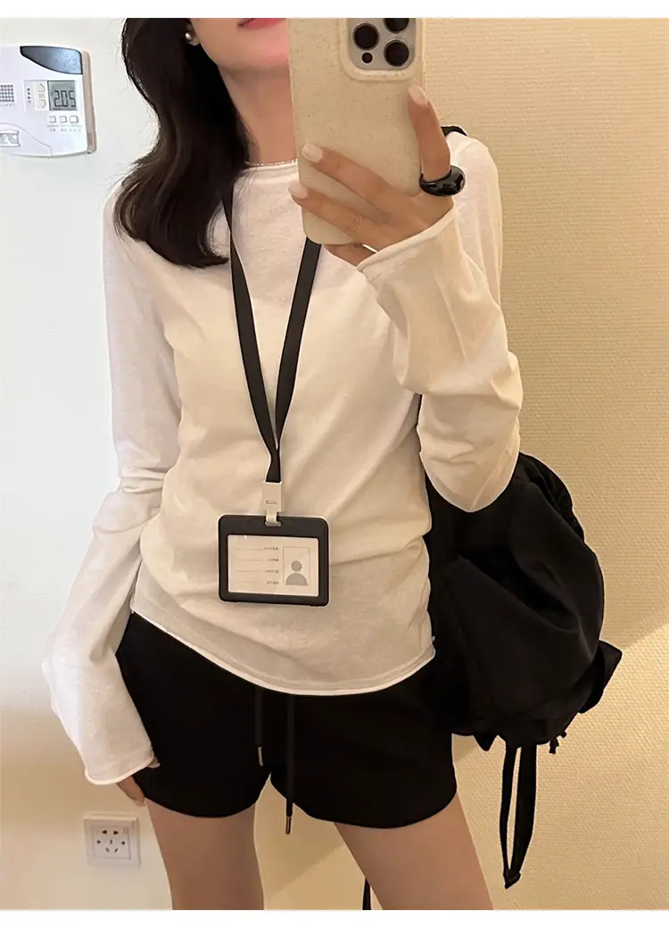 Korean Style Round Neck Rolled Edge Long-Sleeved T-Shirt for Women in Spring and Summer Slimming Look Inner Sun Protection Blouse Thin Bottoming Top — feature 3