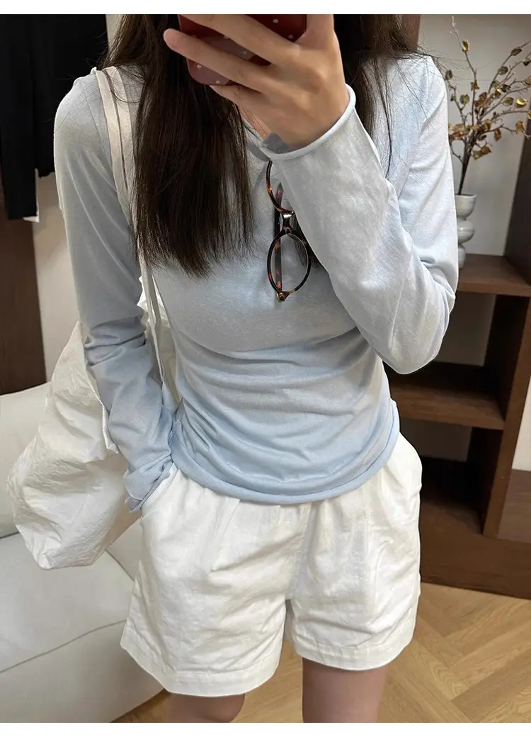 Korean Style Round Neck Rolled Edge Long-Sleeved T-Shirt for Women in Spring and Summer Slimming Look Inner Sun Protection Blouse Thin Bottoming Top — feature 5
