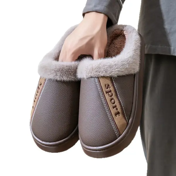 Men's Cotton Slippers Plus Size Anti-Slip Autumn and Winter New Style Fleece-Lined Thickeneded Home Indoor Pu Leather Waterproof Cotton Slippers - Image 16