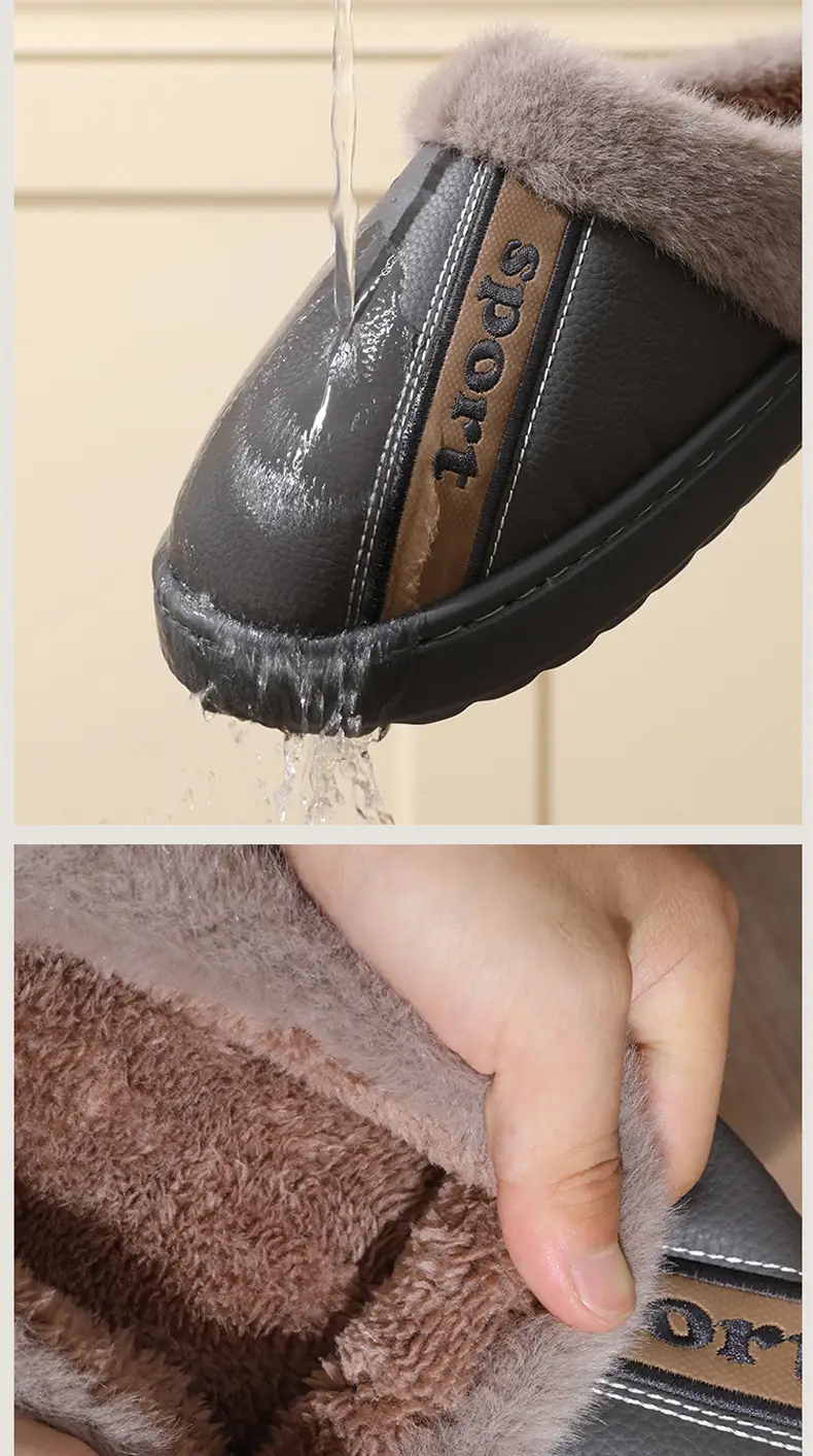 Men's Cotton Slippers Plus Size Anti-Slip Autumn and Winter New Style Fleece-Lined Thickeneded Home Indoor Pu Leather Waterproof Cotton Slippers — feature 14