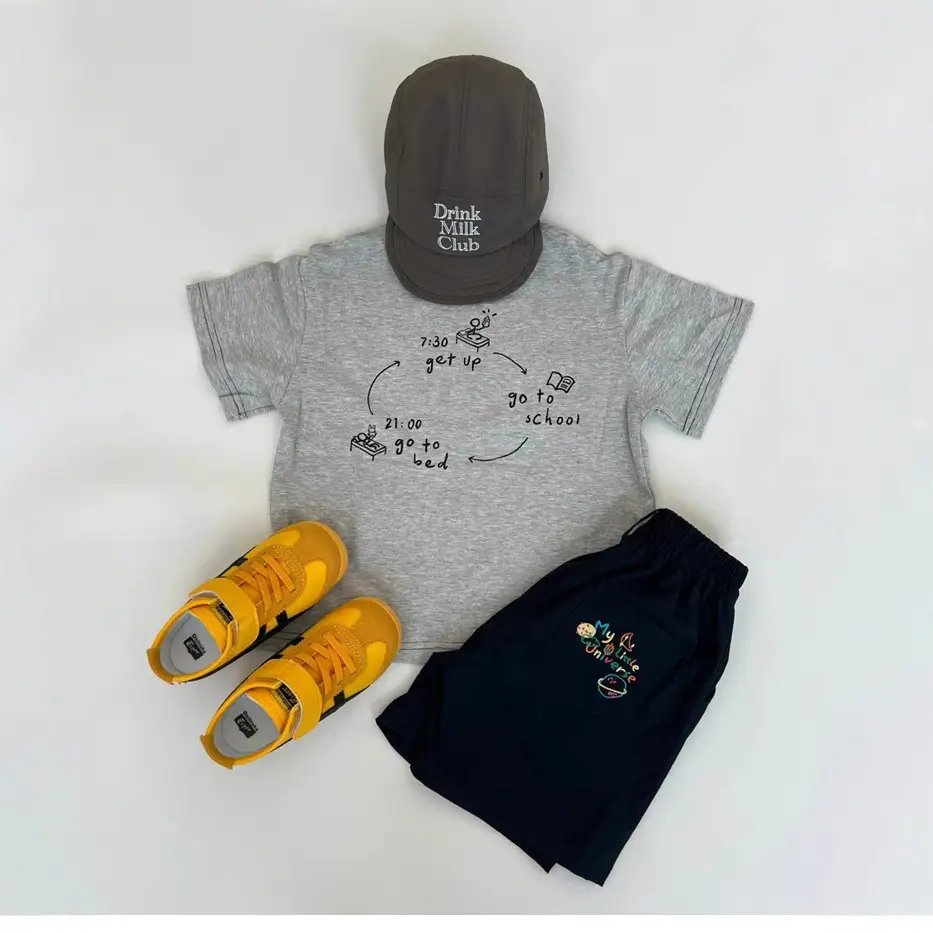 Kids Summer Suit Gray T-Shirt Embroidered Shorts Yellow Sneakers
