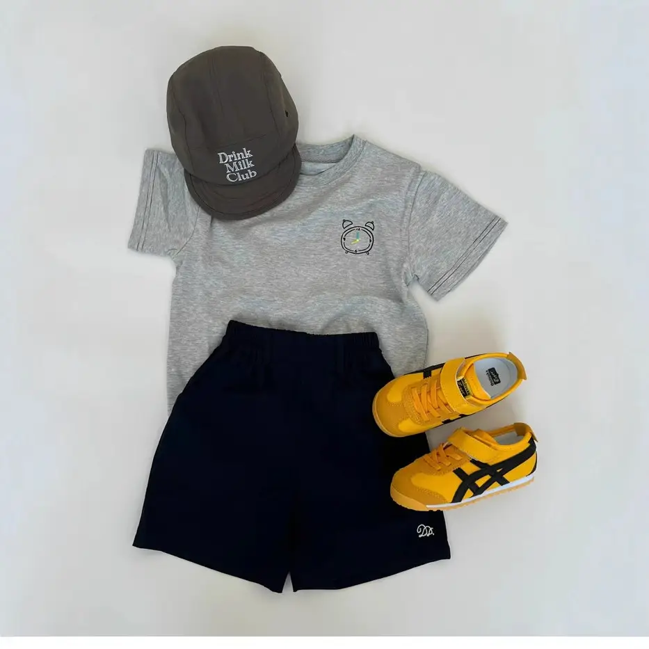 Kids Summer Suit Gray T-Shirt Embroidered Shorts Yellow Sneakers