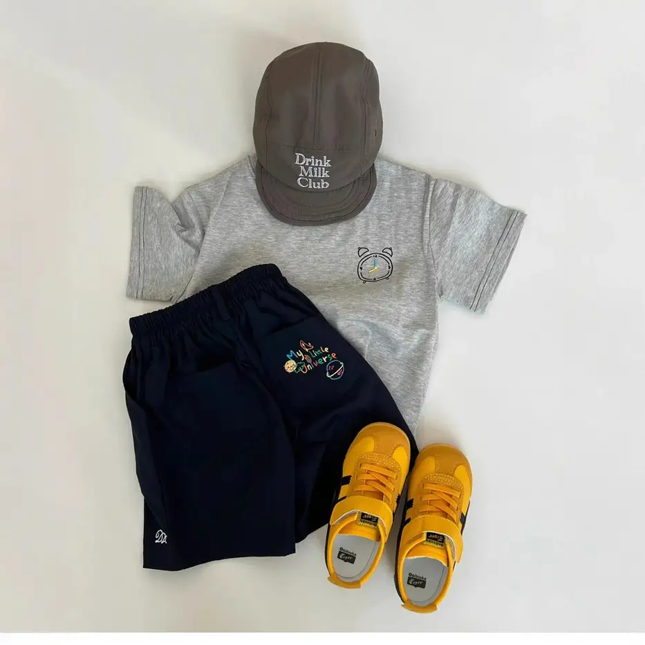 Kids Summer Suit Gray T-Shirt Embroidered Shorts Yellow Sneakers