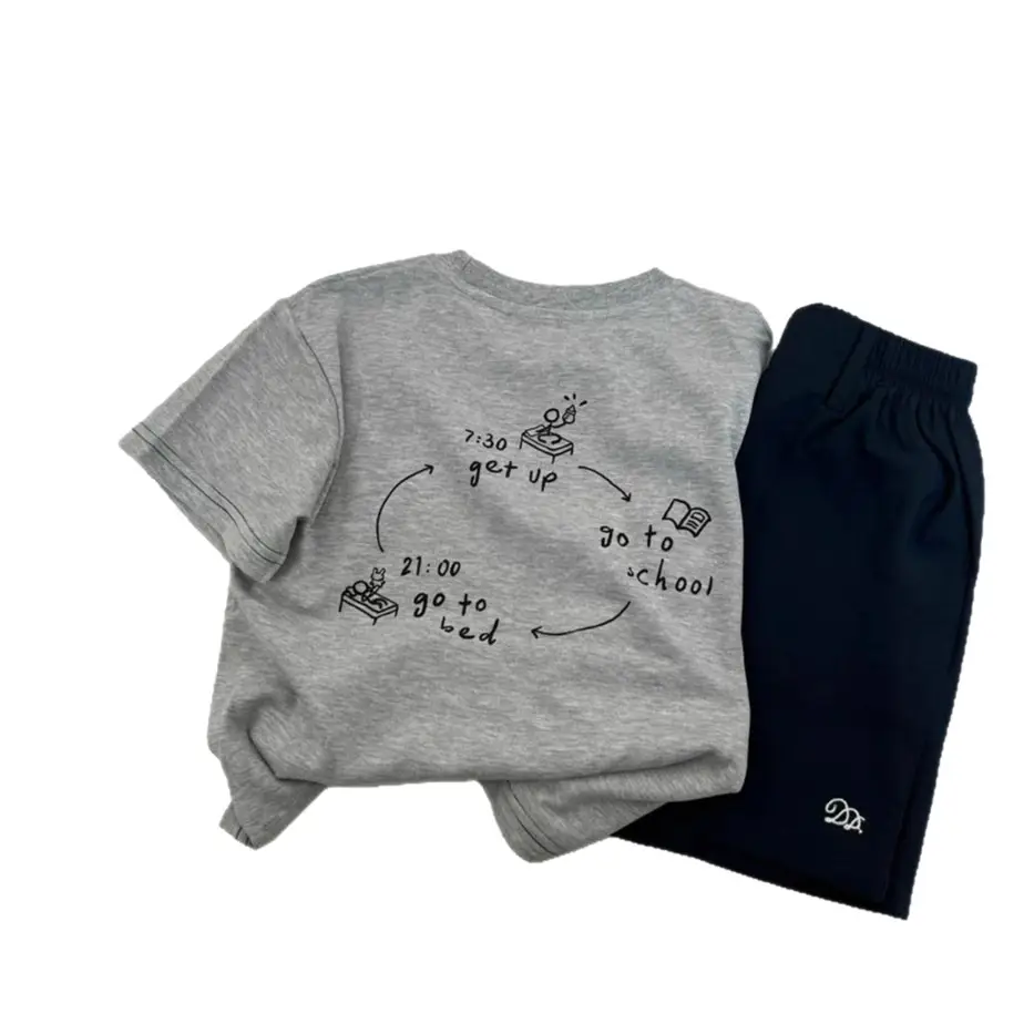Kids Summer Suit Gray T-Shirt Embroidered Shorts Yellow Sneakers