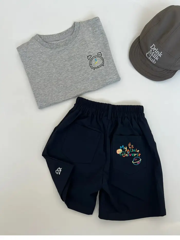 Kids Summer Suit Gray T-Shirt Embroidered Shorts Yellow Sneakers