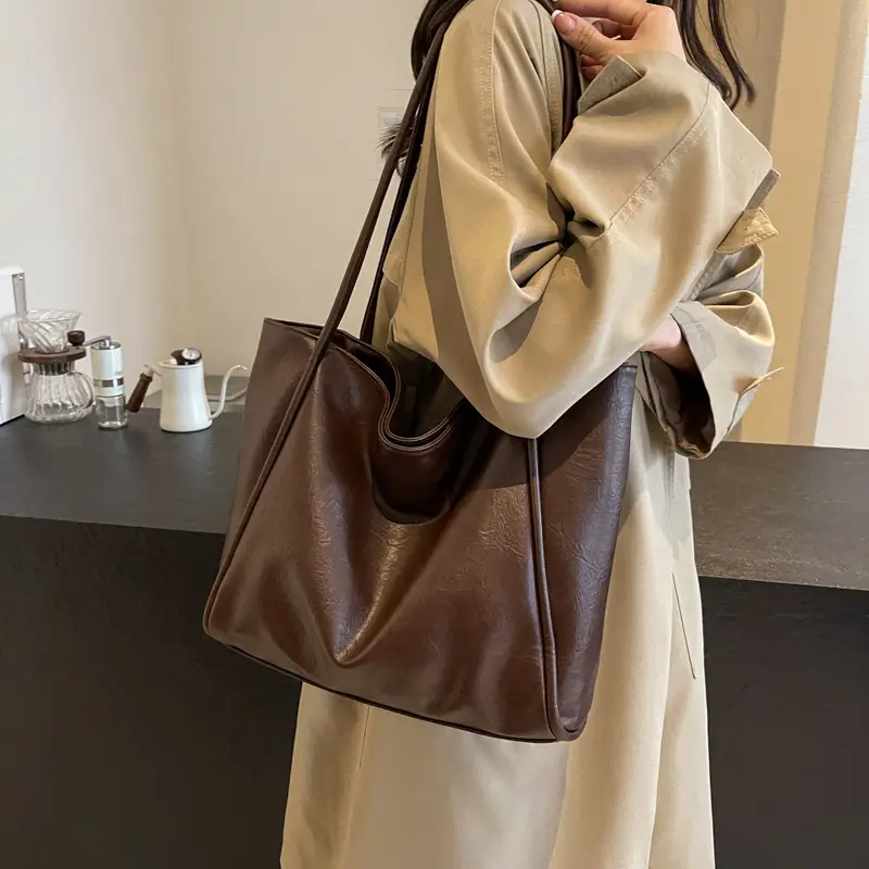 Women Retro Tote Bag Brown Leather Large Capacity Office Commuter - Image 8