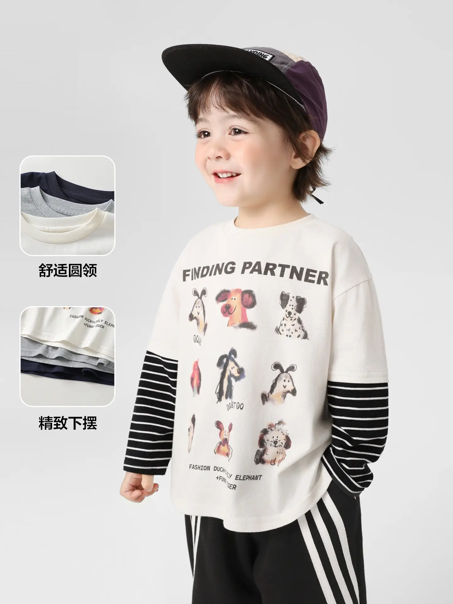 Kids Fake Two-Piece Long Sleeve T-Shirt White Black - Image 6