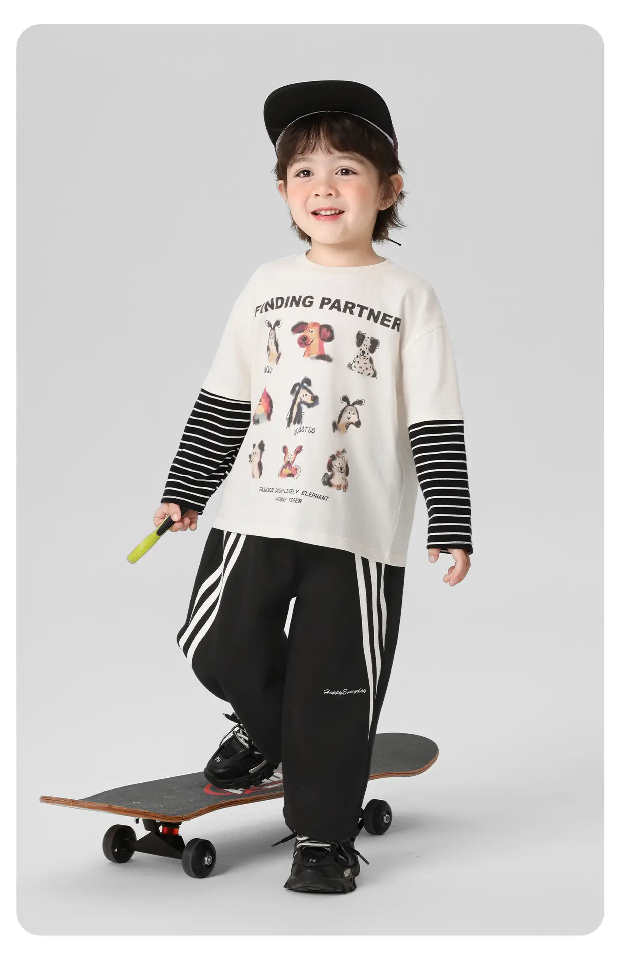Kids Fake Two-Piece Long Sleeve T-Shirt White Black — feature 16