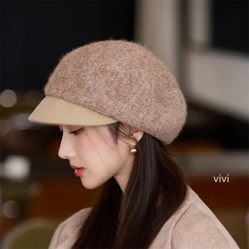 Women's Black Wool Beret Cap with Duckbill Design - Image 3