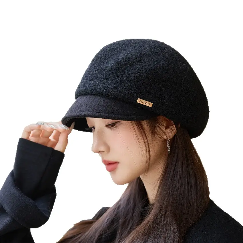 Women's Black Wool Beret Cap with Duckbill Design - Image 7