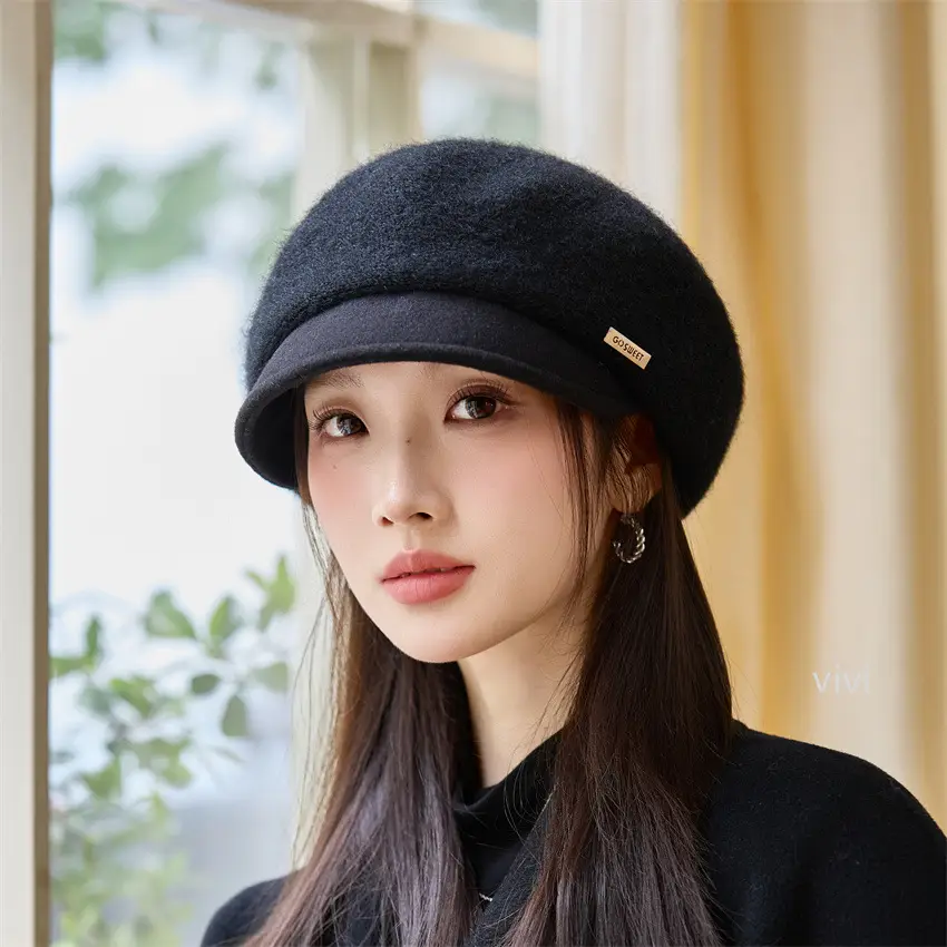 Women's Black Wool Beret Cap with Duckbill Design — feature 10