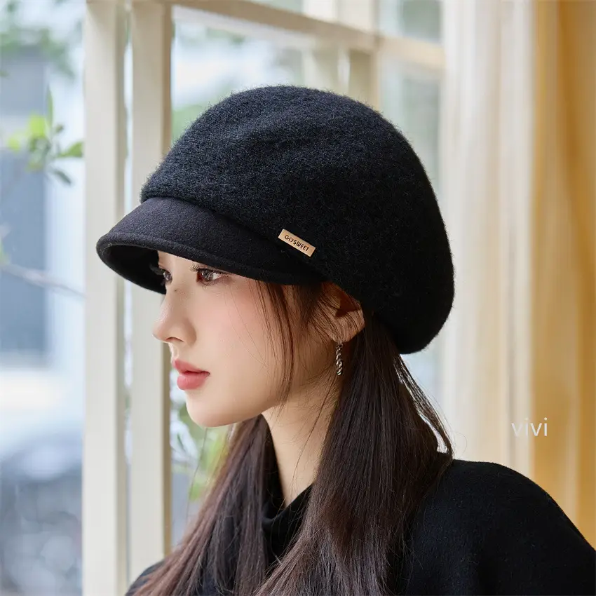 Women's Black Wool Beret Cap with Duckbill Design — feature 8