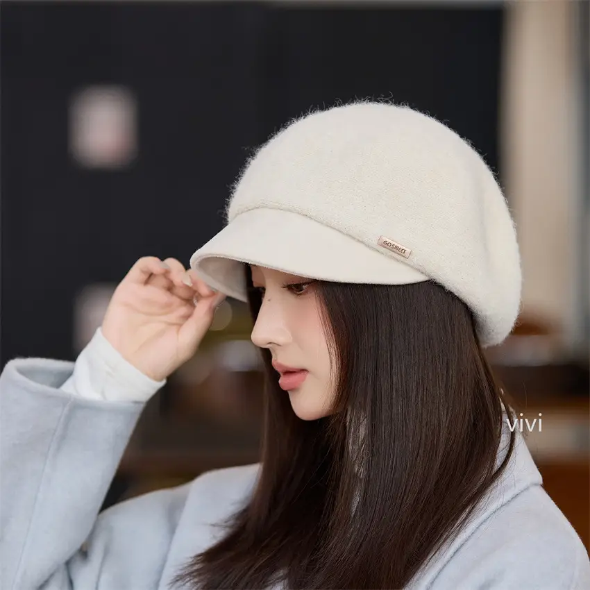Women's Black Wool Beret Cap with Duckbill Design - Image 2
