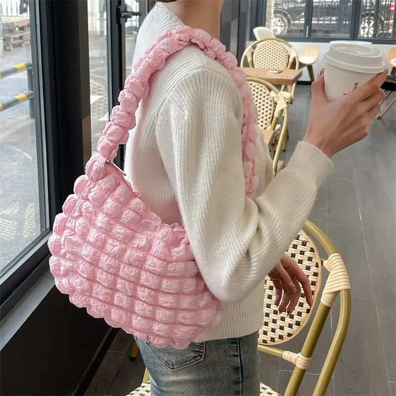 Pink Bubble Pleated Shoulder Bag for Women - Image 8