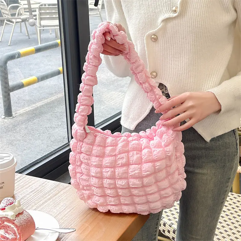 Pink Bubble Pleated Shoulder Bag for Women — feature 10