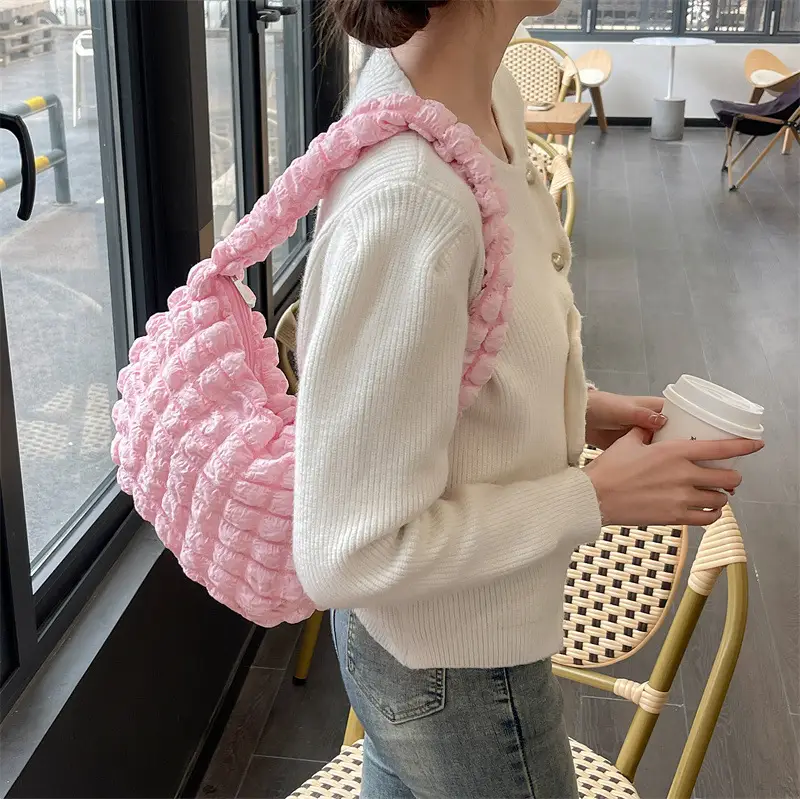 Pink Bubble Pleated Shoulder Bag for Women — feature 6