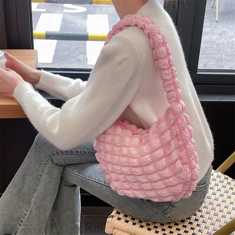 Pink Bubble Pleated Shoulder Bag for Women — feature 8