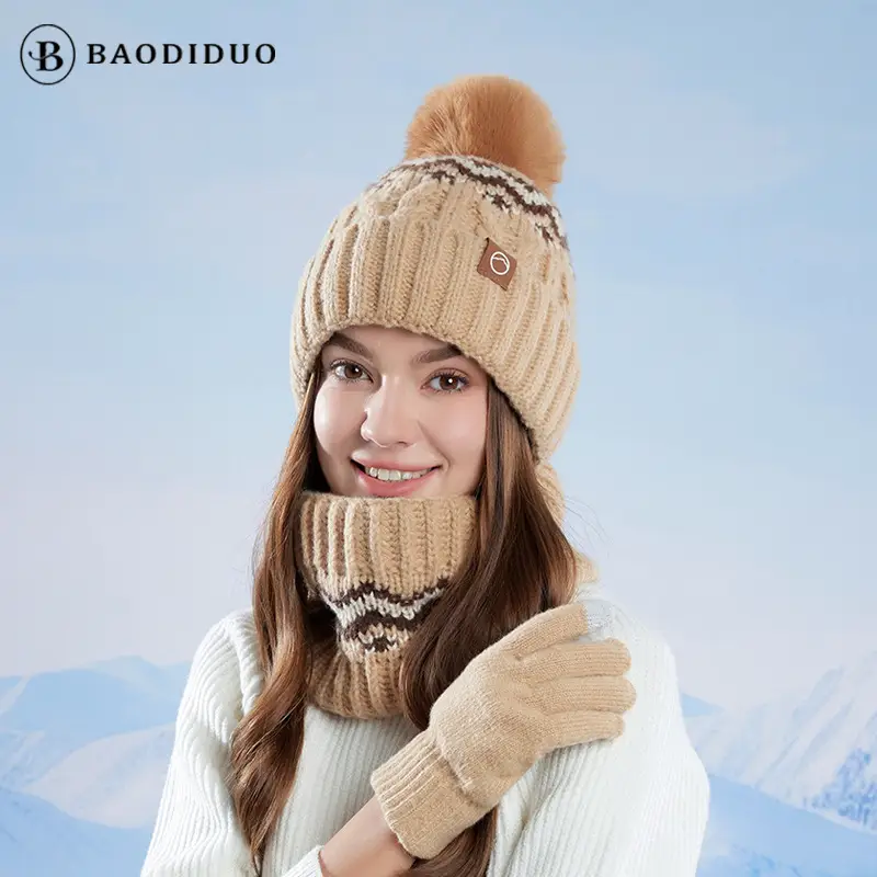 Winter Touch Screen Gloves, Woolen Scarf and Hat 3-Piece Set for Men and Women, Knitted Thickeneded Windproof and Coldproof 2-Piece Thermal Suit