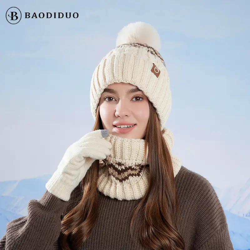Winter Touch Screen Gloves, Woolen Scarf and Hat 3-Piece Set for Men and Women, Knitted Thickeneded Windproof and Coldproof 2-Piece Thermal Suit