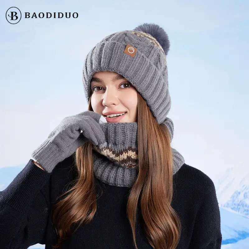 Winter Touch Screen Gloves, Woolen Scarf and Hat 3-Piece Set for Men and Women, Knitted Thickeneded Windproof and Coldproof 2-Piece Thermal Suit