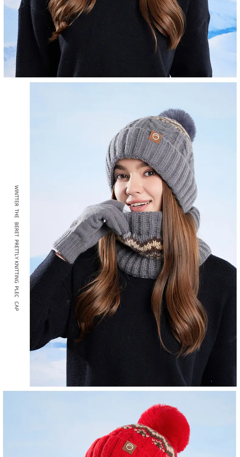 Winter Touch Screen Gloves, Woolen Scarf and Hat 3-Piece Set for Men and Women, Knitted Thickeneded Windproof and Coldproof 2-Piece Thermal Suit — feature 11