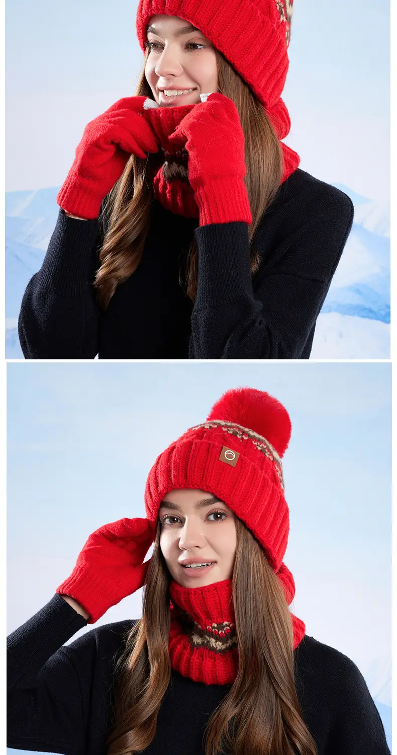 Winter Touch Screen Gloves, Woolen Scarf and Hat 3-Piece Set for Men and Women, Knitted Thickeneded Windproof and Coldproof 2-Piece Thermal Suit — feature 12