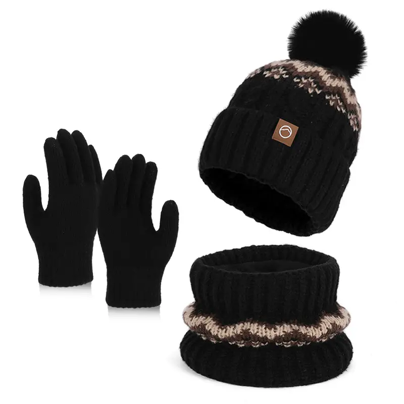 Winter Touch Screen Gloves, Woolen Scarf and Hat 3-Piece Set for Men and Women, Knitted Thickeneded Windproof and Coldproof 2-Piece Thermal Suit