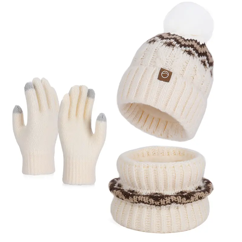 Winter Touch Screen Gloves, Woolen Scarf and Hat 3-Piece Set for Men and Women, Knitted Thickeneded Windproof and Coldproof 2-Piece Thermal Suit