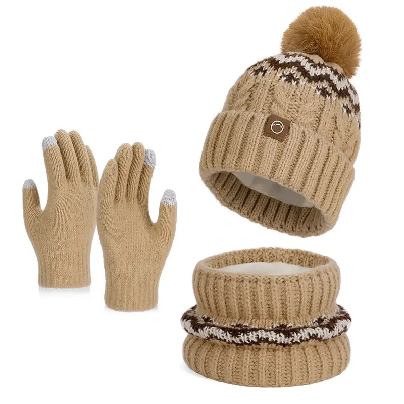 Winter Touch Screen Gloves, Woolen Scarf and Hat 3-Piece Set for Men and Women, Knitted Thickeneded Windproof and Coldproof 2-Piece Thermal Suit