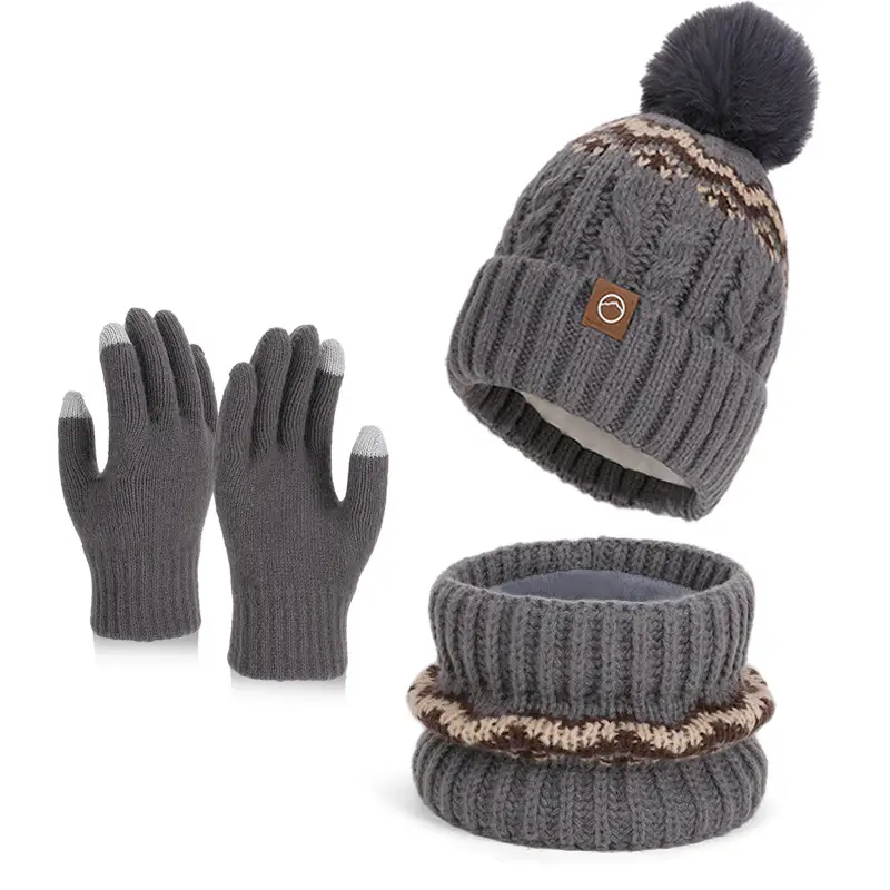 Winter Touch Screen Gloves, Woolen Scarf and Hat 3-Piece Set for Men and Women, Knitted Thickeneded Windproof and Coldproof 2-Piece Thermal Suit