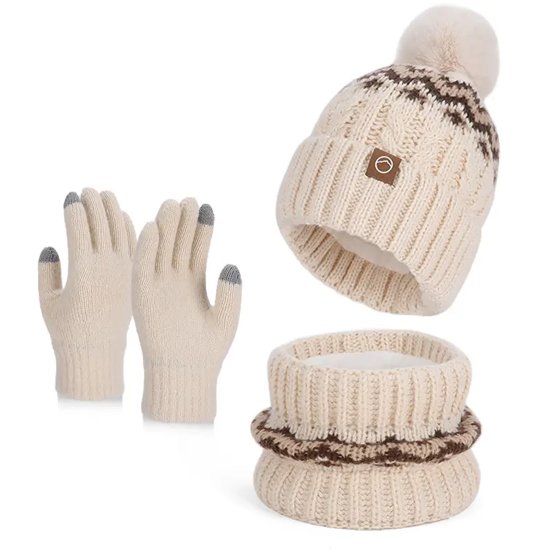 Winter Touch Screen Gloves, Woolen Scarf and Hat 3-Piece Set for Men and Women, Knitted Thickeneded Windproof and Coldproof 2-Piece Thermal Suit
