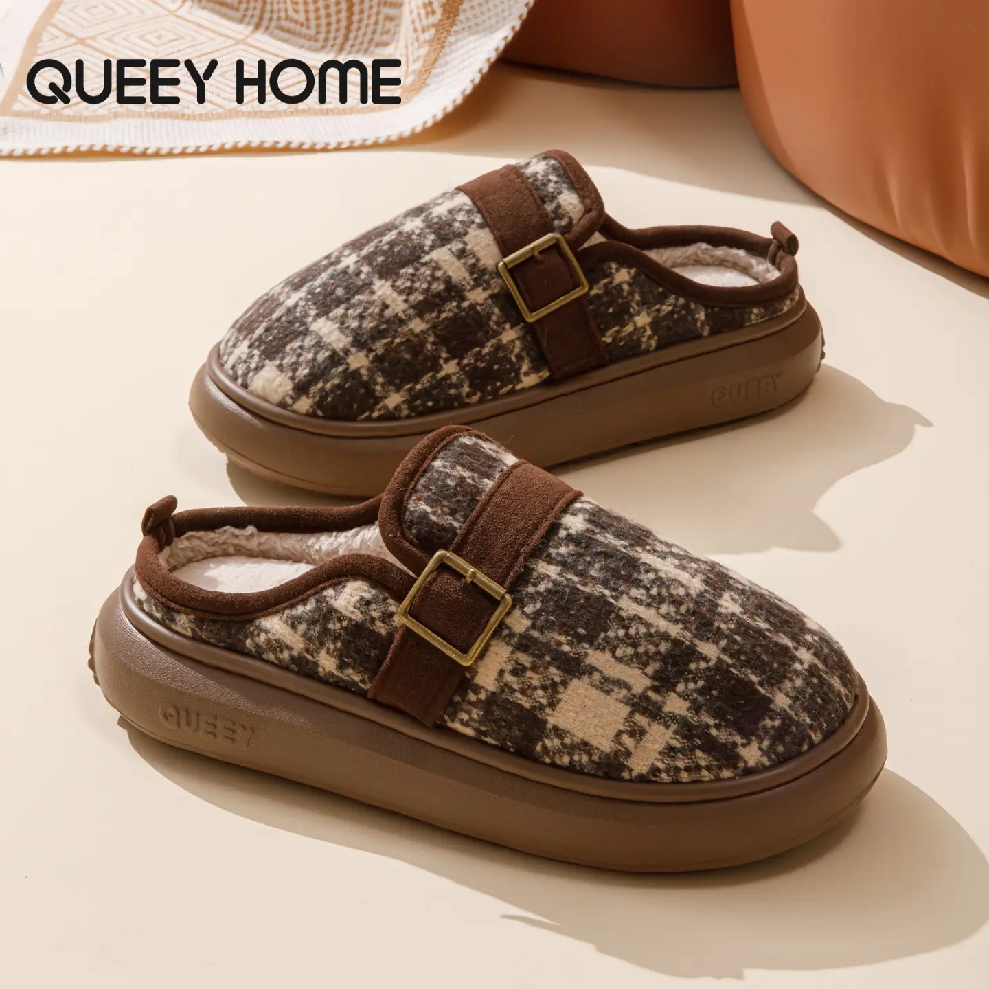 Women Winter Plush Slippers with Gold Buckle