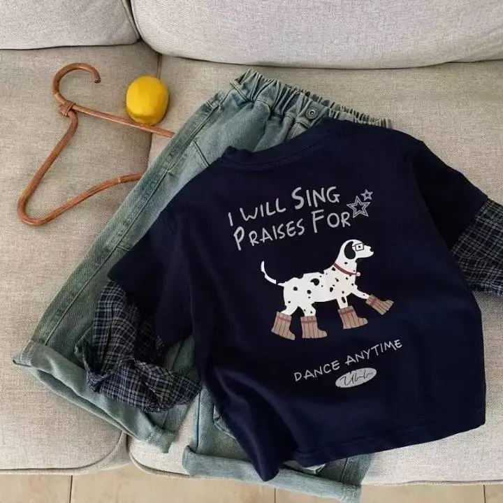 Kids Long Sleeve T-Shirt Cartoon Dog Design Navy Blue - Image 3