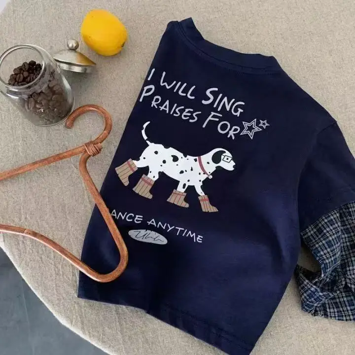 Kids Long Sleeve T-Shirt Cartoon Dog Design Navy Blue - Image 5