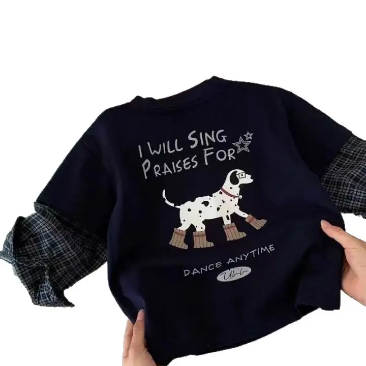 Kids Long Sleeve T-Shirt Cartoon Dog Design Navy Blue - Image 6