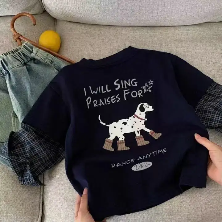 Kids Long Sleeve T-Shirt Cartoon Dog Design Navy Blue — feature 5