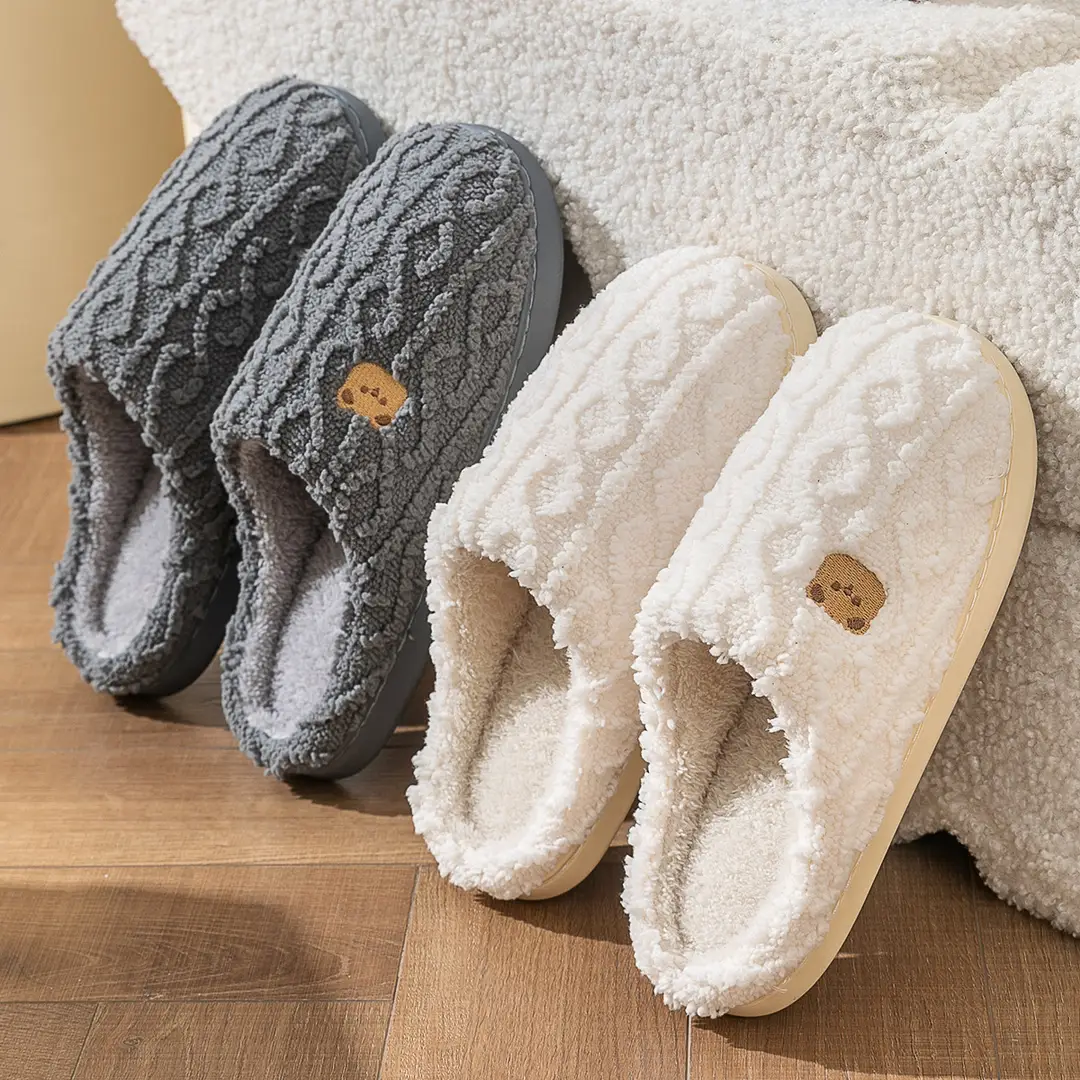 Furry Bear Cotton Slippers Women's Indoor Home Soft Sole Anti-Slip Plus Velvet Warm Slippers Couple Stuffed Slippers Men - Image 8