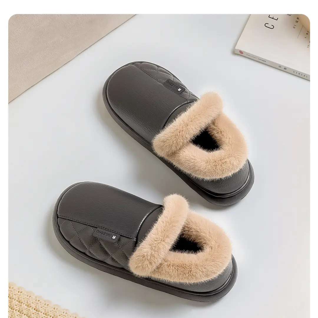 Waterproof Cotton Slippers for Home Autumn and Winter Women's Thick-Soled Heel-Covered Elderly Non-Slip Warm Leather Cotton Shoes for Men's Outer Wear — feature 3