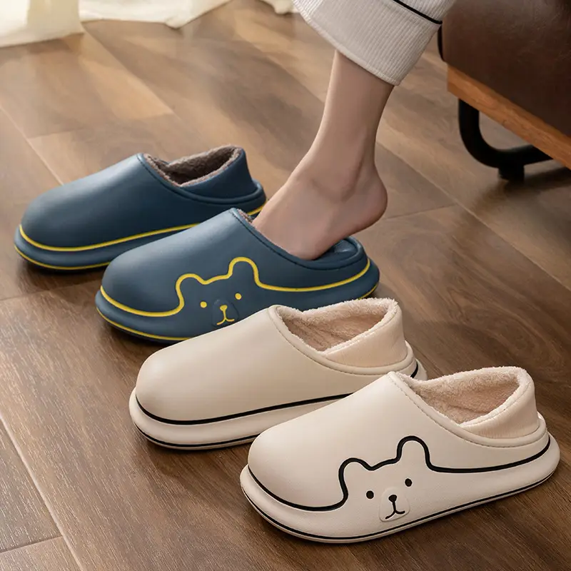 All-Inclusive and Waterproof Cotton Slippers for Women in Autumn and Winter for Couples to Wear Outside, Non-Slip, Comfortable and Velvet, Warm Home Plush Cotton Shoes