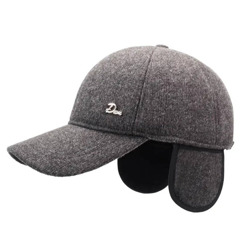 Men's Grey Wool Baseball Cap with Ear Protection