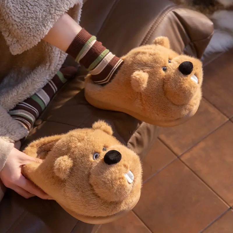 Cute Marmot Cotton Slippers for Women Winter Home Indoor Plush Warm Women's Home Soft Bottom Non-Slip Cotton Slippers - Image 4