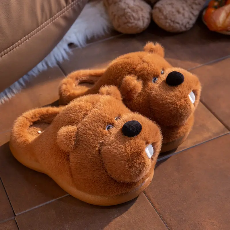 Cute Marmot Cotton Slippers for Women Winter Home Indoor Plush Warm Women's Home Soft Bottom Non-Slip Cotton Slippers - Image 3