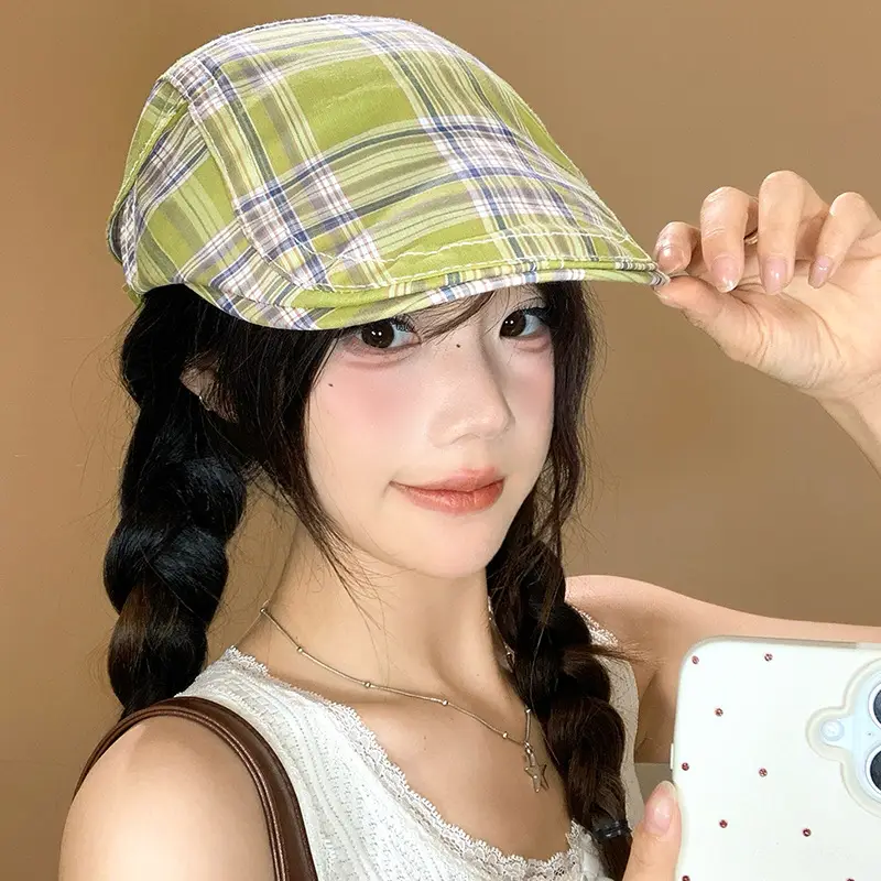 Women Japanese Plaid Forward Cap Spring Summer Beret - Image 3